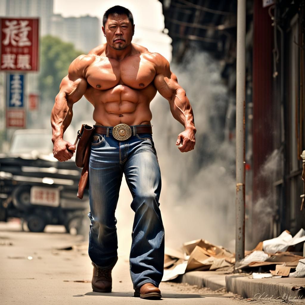 Photorealistic Bodybuilder Flexing and Smoking