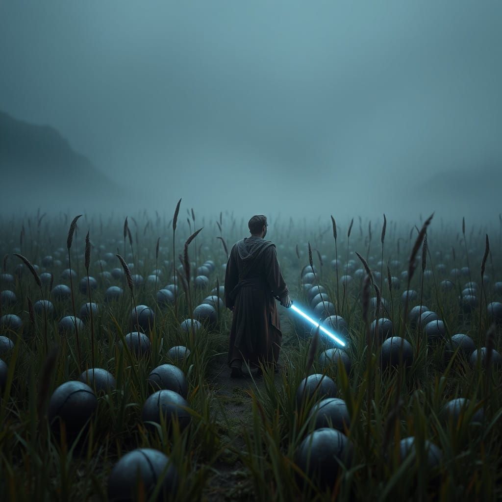 Misty Meadow of Xenomorph Eggs Surrounded by a Lone Jedi