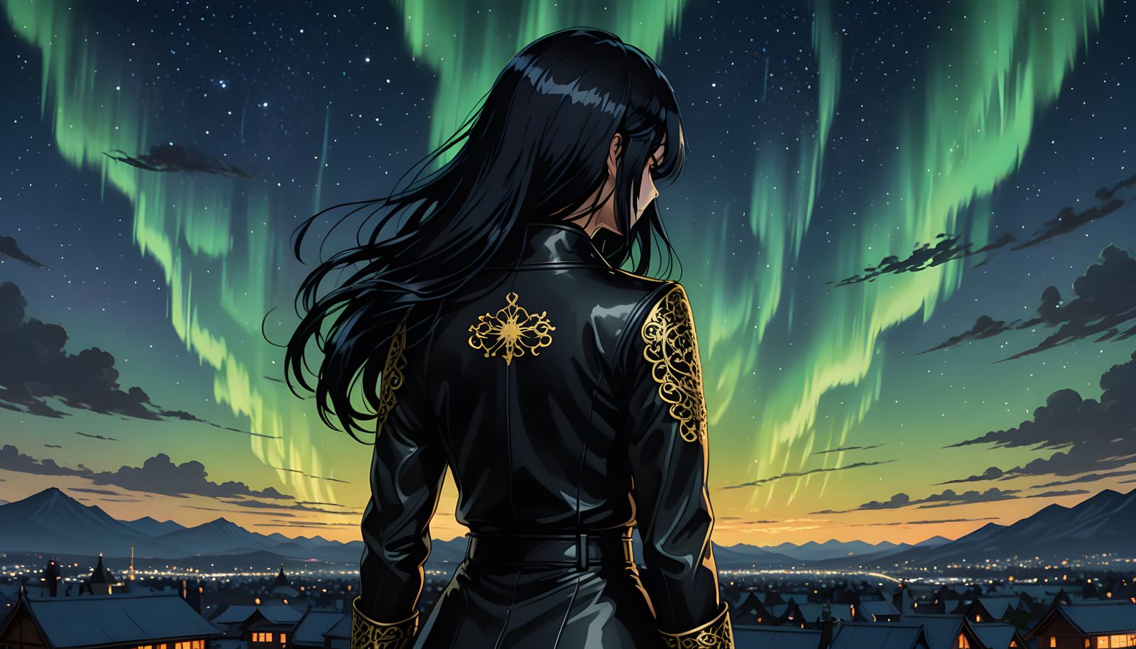 Woman Gazing at Aurora in Anime Style