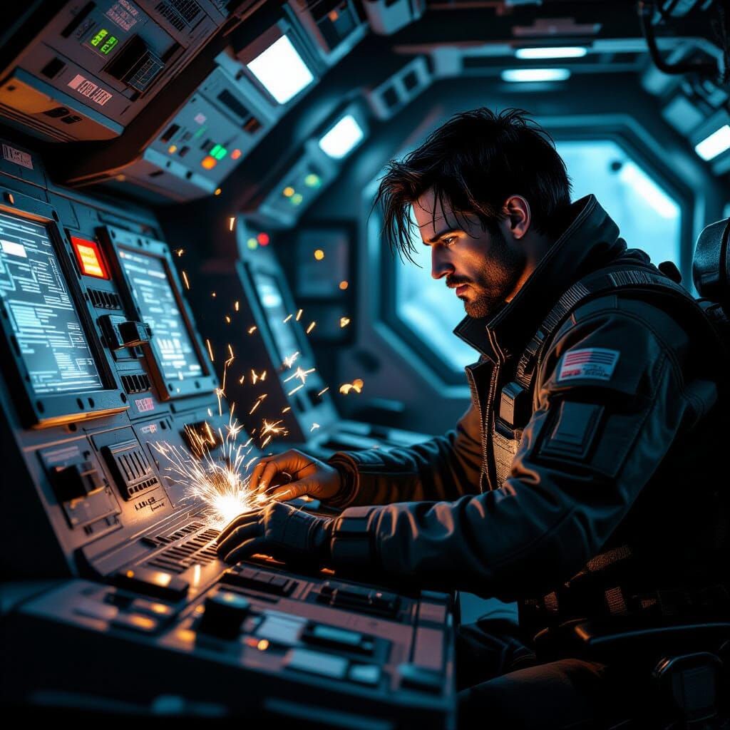 Cyberpunk Technician in Derelict Spaceship