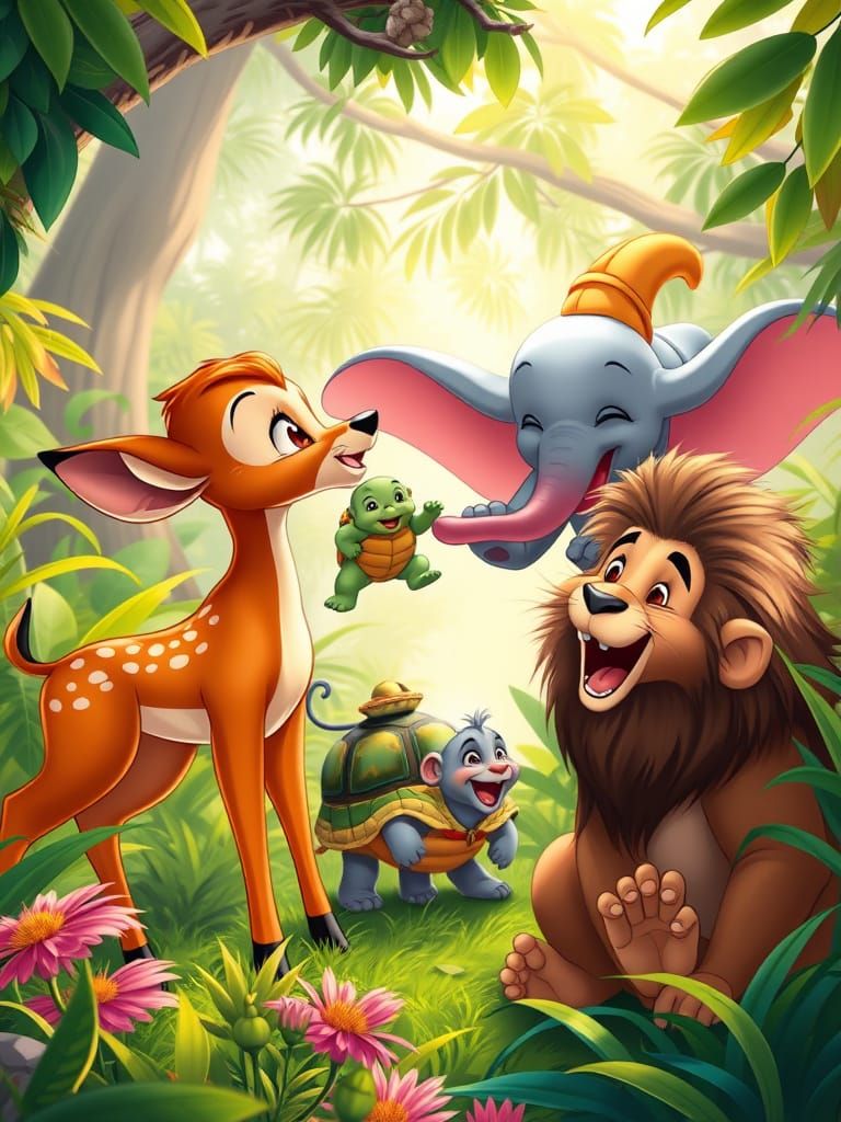 Joyful Disney Characters in Lush Jungle Scene
