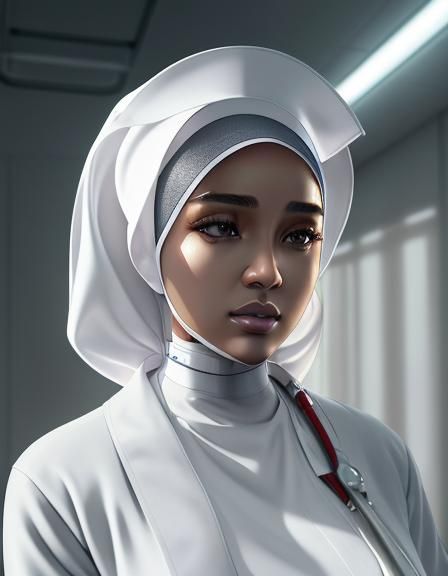 Detailed Cyborg Nurse Portrait in Futuristic Hospital
