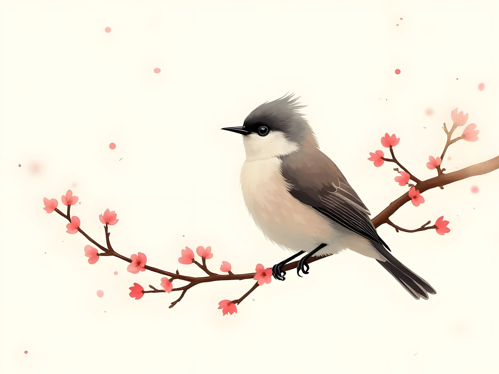 Sumi-e Bird on Branch with Whimsical Pop Art Elements