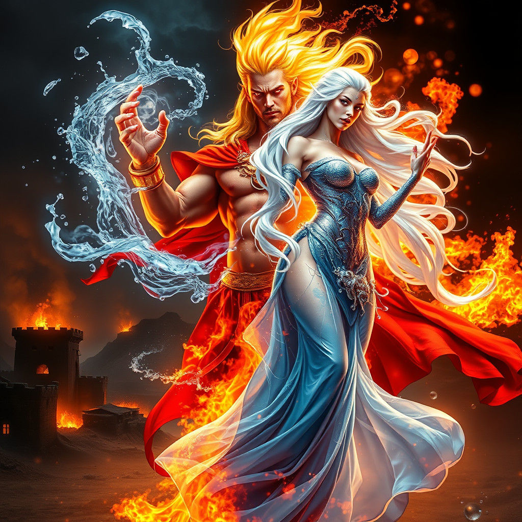 Fire God vs Water Goddess in Digital Art