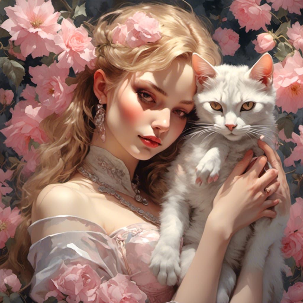 Woman and Cat in Pink Hues