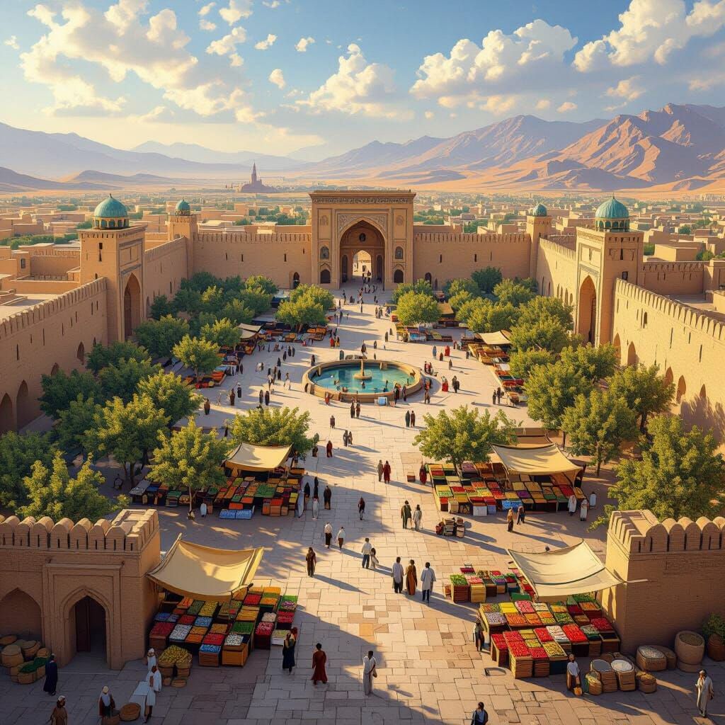 Ancient Persian City Square with Pistachio Market