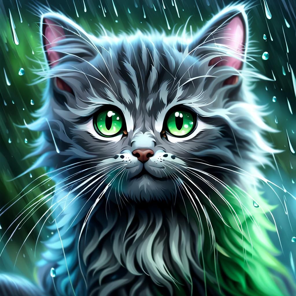 Gray Kitten with Wings in Rainy Thunderstorm