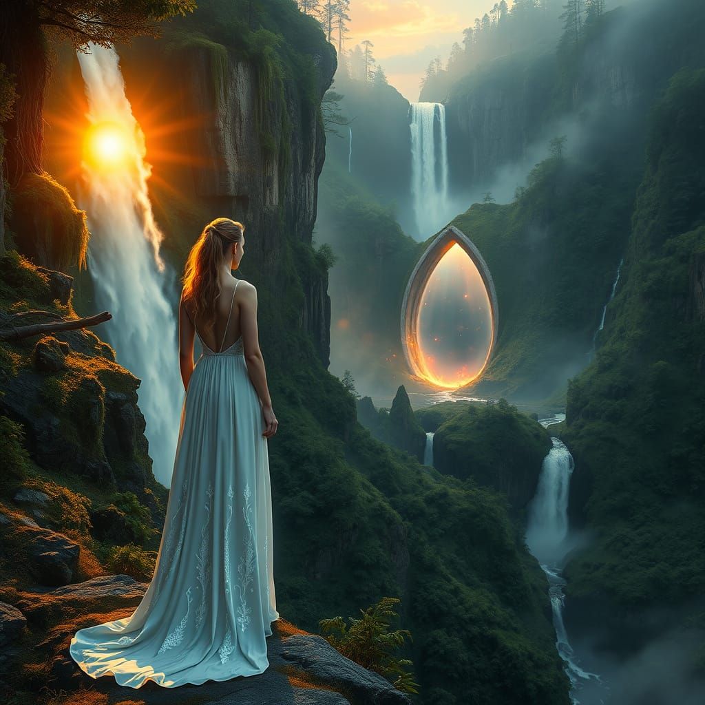 Mystical Woman Gazing at Epic Waterfall Portal