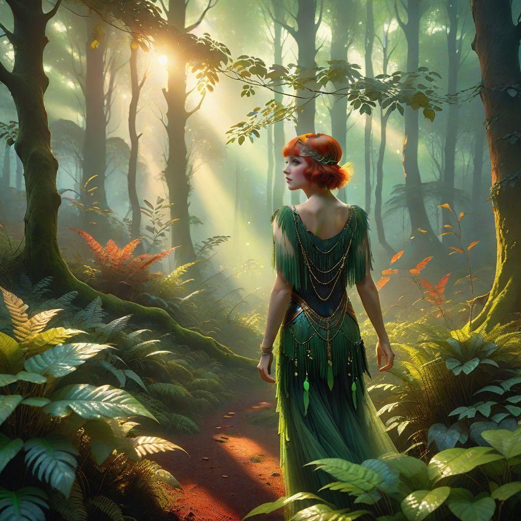 Ethereal Flapper in a Radiant Misty Landscape