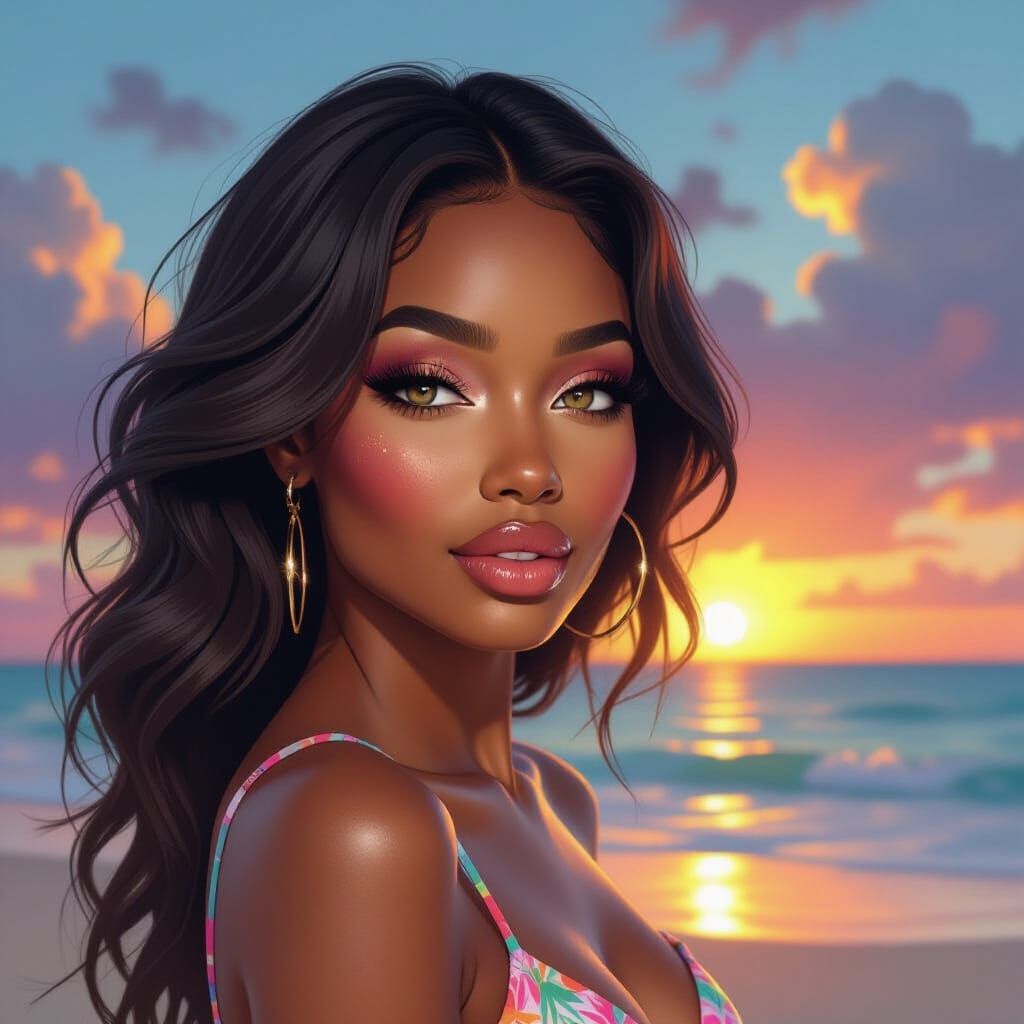 African American Woman in Vibrant Tropical Sunset Splash Art