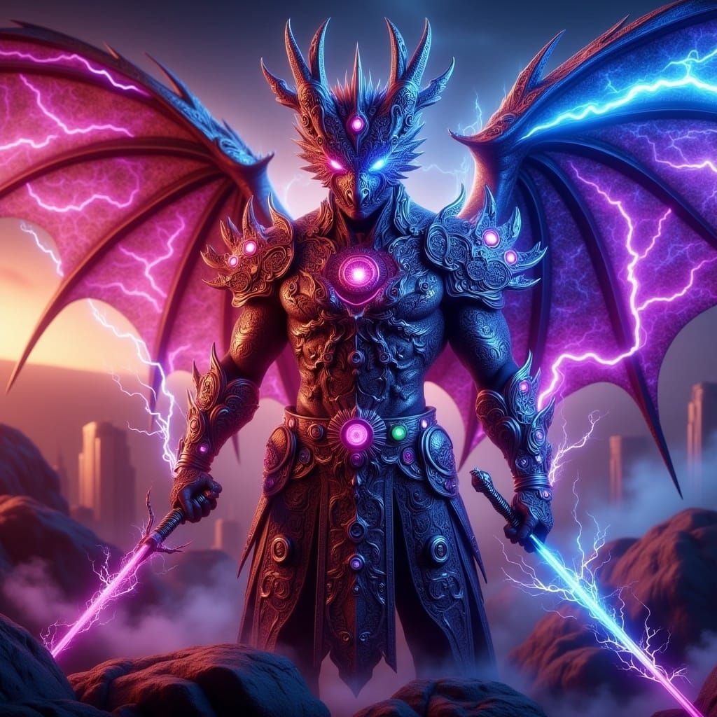 Cyberpunk Dragon Warrior in Vibrant Neon-Lit Battle