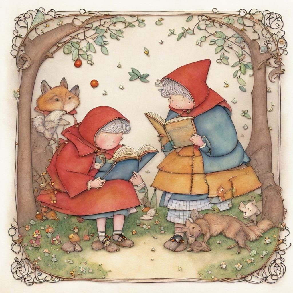 Whimsical Illustration of Grandmother Reading to Little Red ...