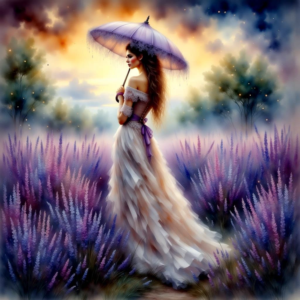 Victorian Lady in Lavender Field at Dusk
