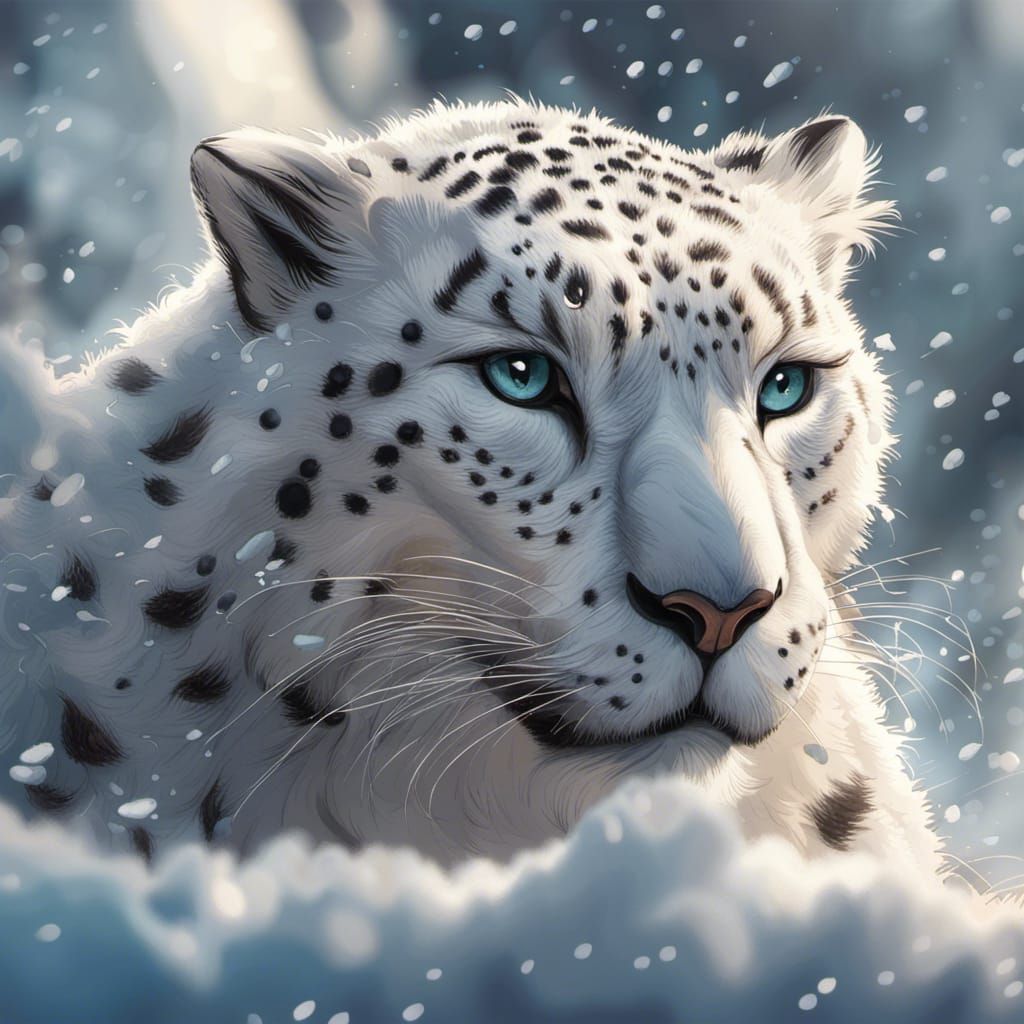Snow Leopard with Ice Flowers, Vector Illustration