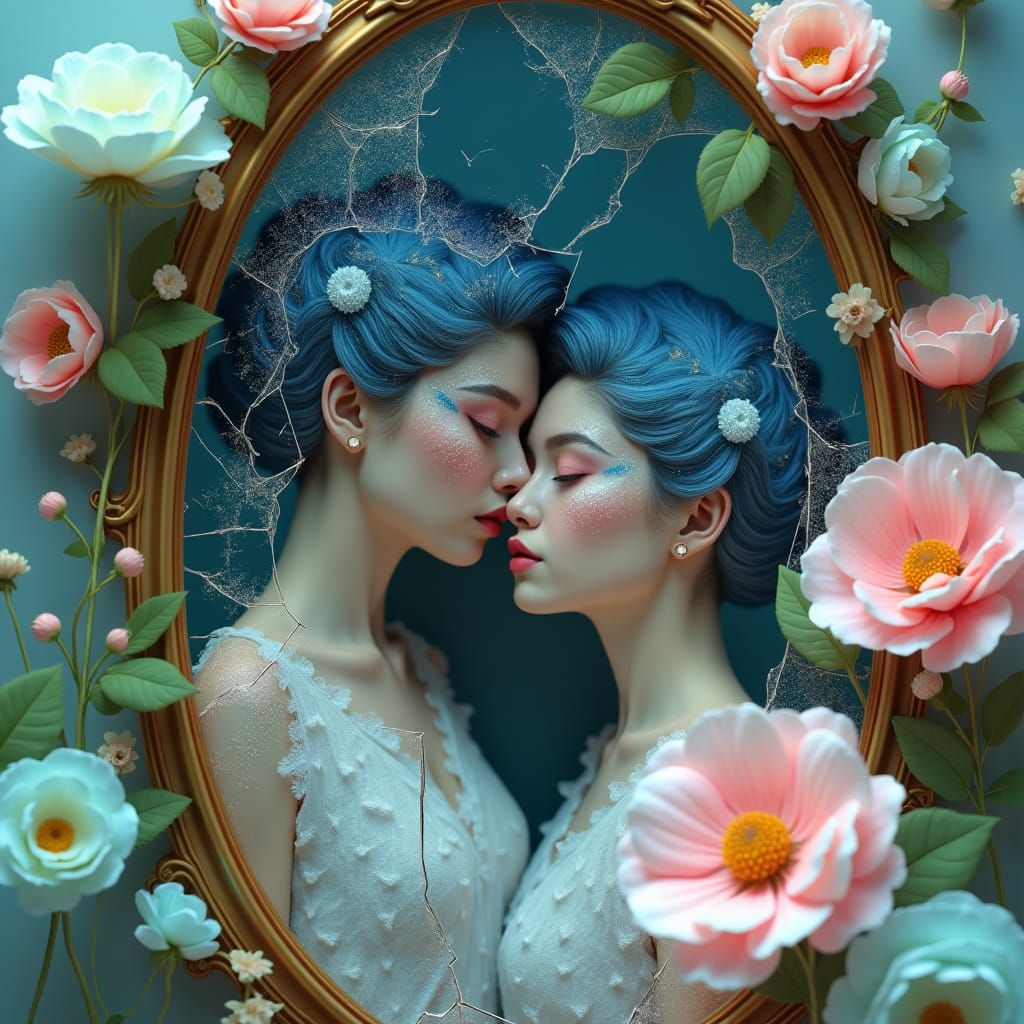 Starry Woman Touches Shattered Mirror in Art Nouveau