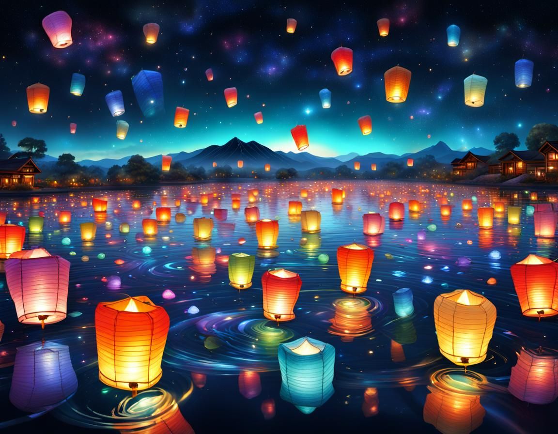 Night Sky of Floating Lanterns: Astral Illustration