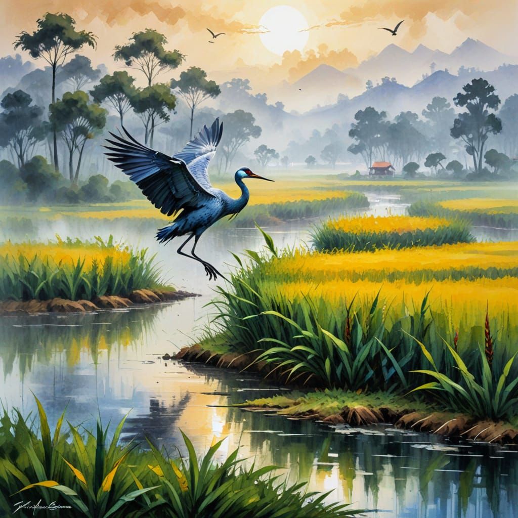 Misty Rice Paddy Crane: Expressionist Impasto Painting