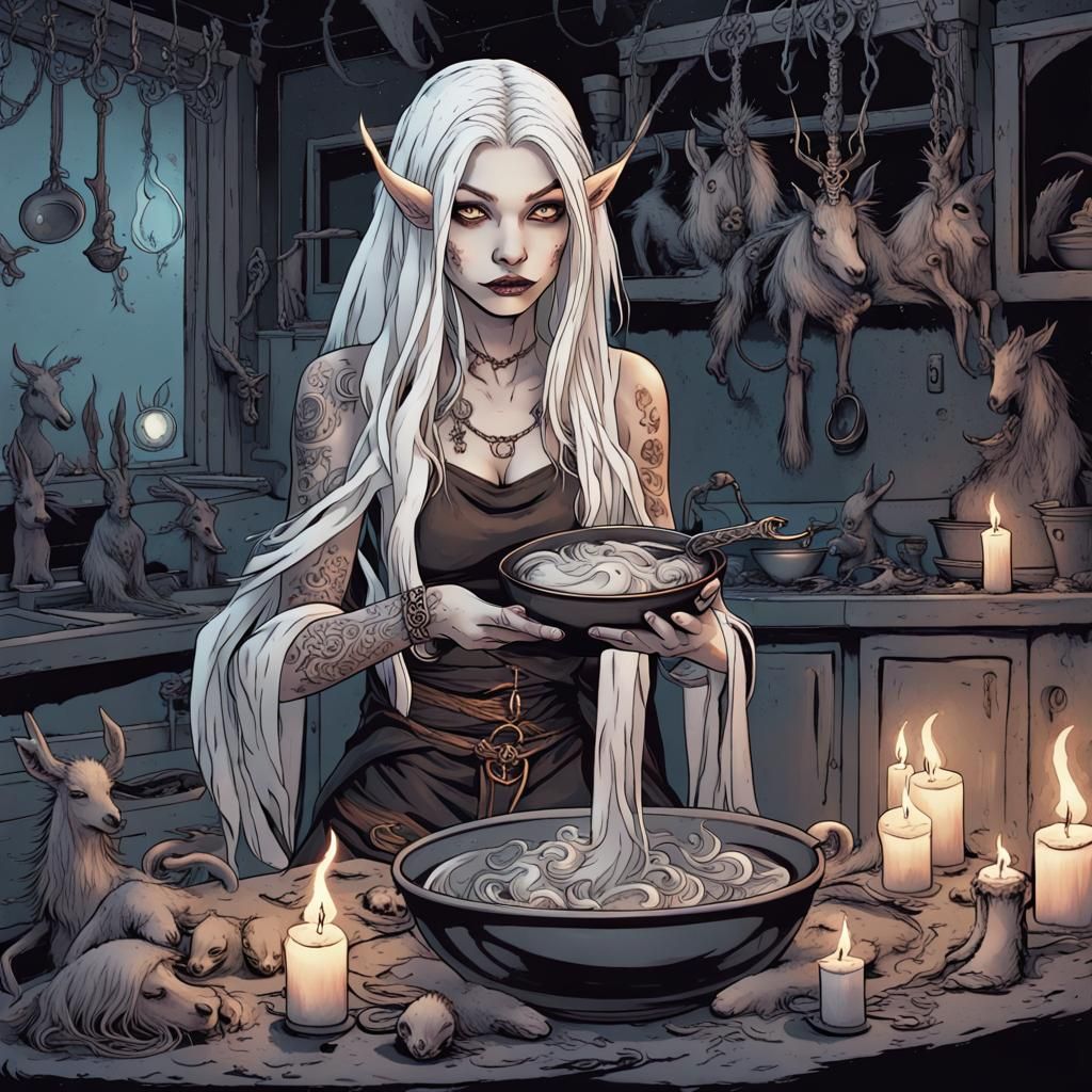 Zen Female in Dark Fantasy Kitchen, Gothic Comic Style
