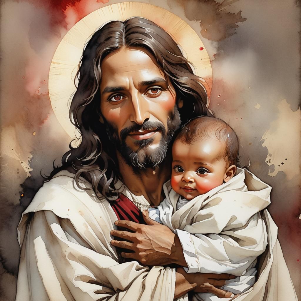 Jesus Holding Baby in Watercolor Style