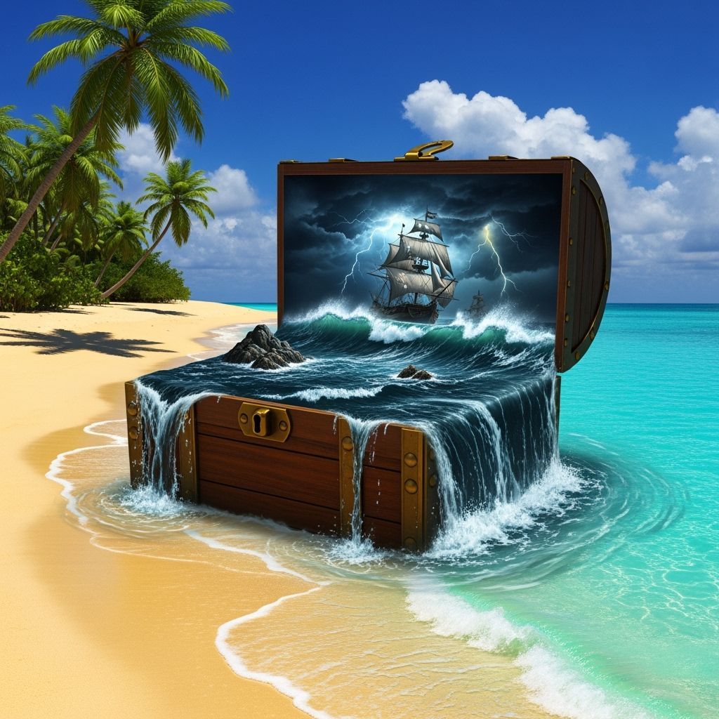 Surreal Treasure Chest with Miniature Stormy Sea