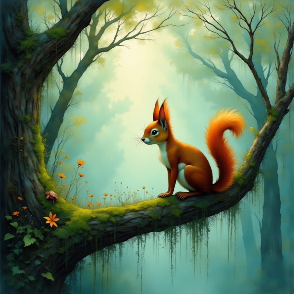 Dreamy Squirrel on Mossy Branch with Shimmering Light