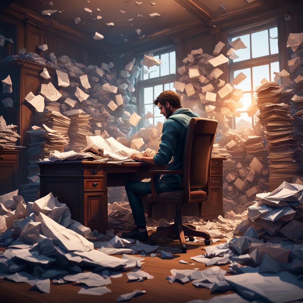 Hyperdetailed Writer Surrounded by Papers