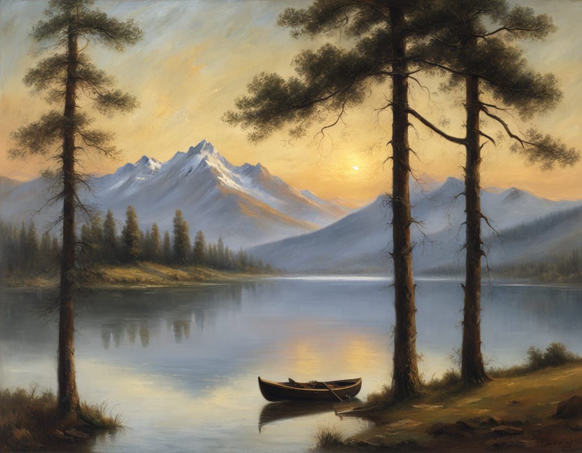 Reflective Waters Mirroring Snow-Capped Mountains as Oil Pai...