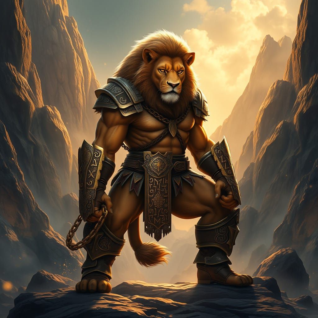 Majestic Lion Warrior in Ancient Warscape