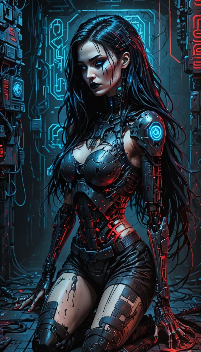 Cyberpunk Woman with Cybernetic Ribcage in Catacombs