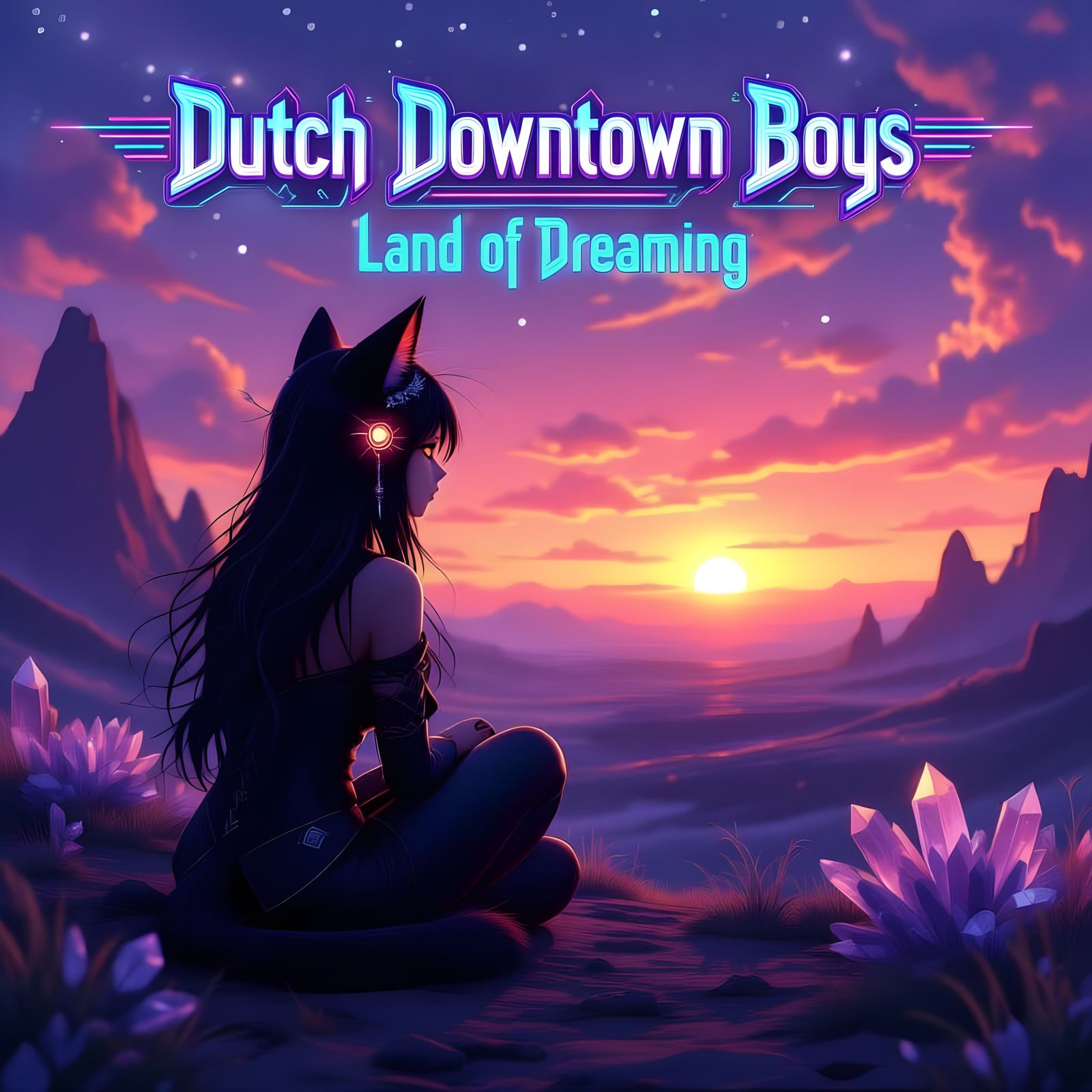 Catgirl in Alien Landscape Under Binary Sunset