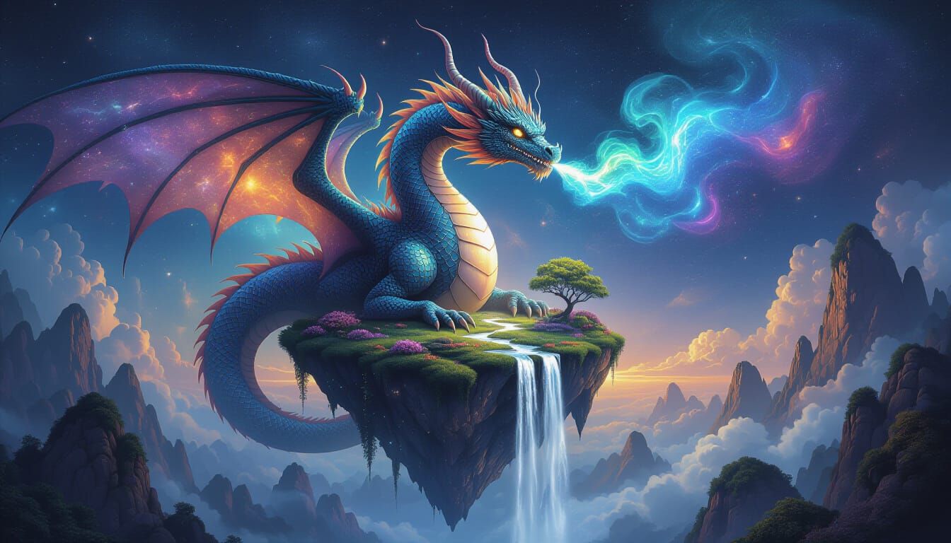 Celestial Dragon Above Bioluminescent Island in Cosmic Style