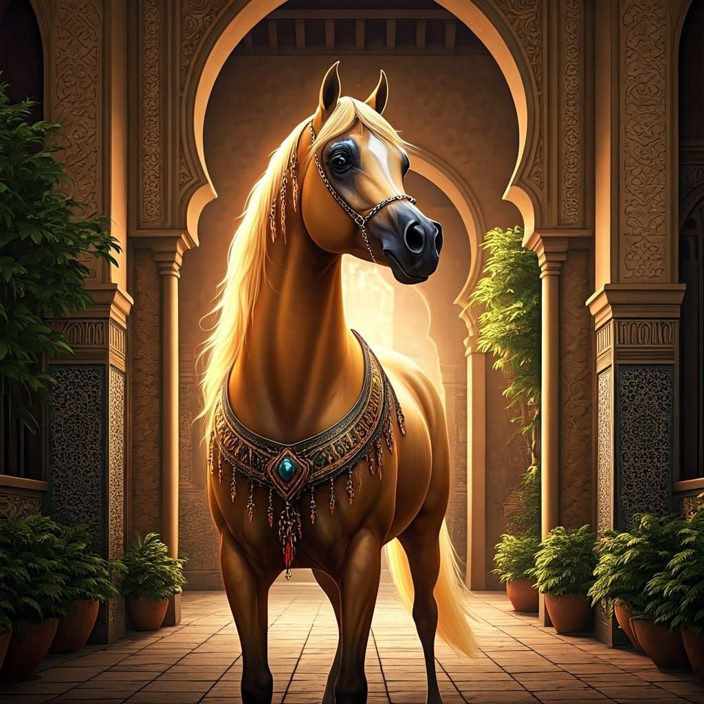Regal Arabian Stallion in Lavish Anime-Inspired Stables