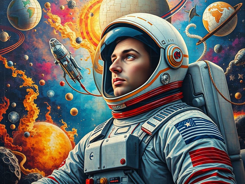 Surrealist Astronaut in Cosmic Soviet Realism Mosaic Style
