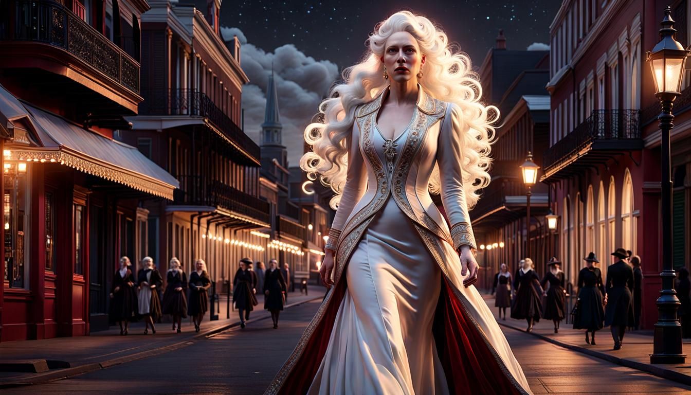 Albino Woman Walking in New Orleans: Hyperrealistic Fantasy