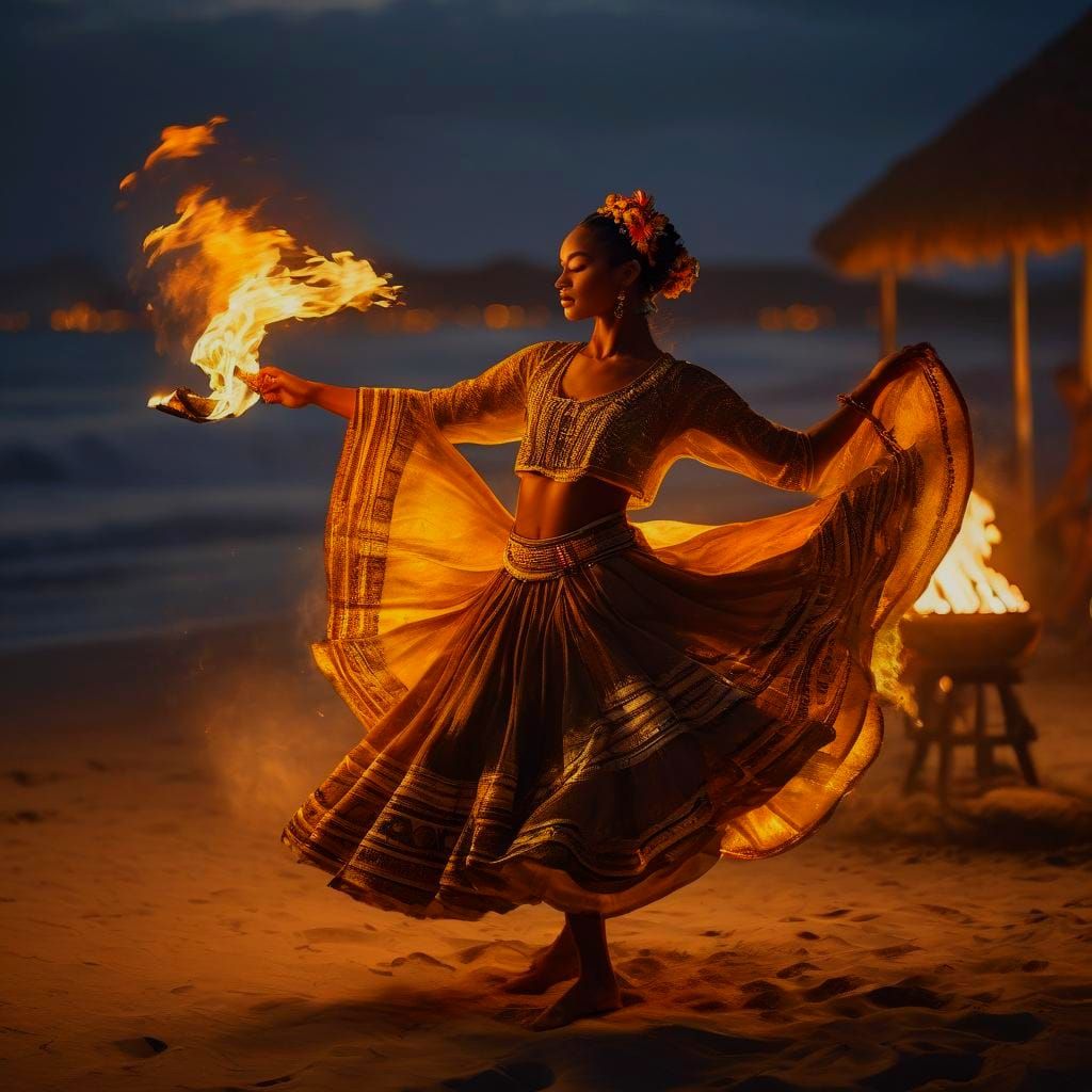Brazilian Dancer Around Beach Bonfire: Hyper-realistic Photo...