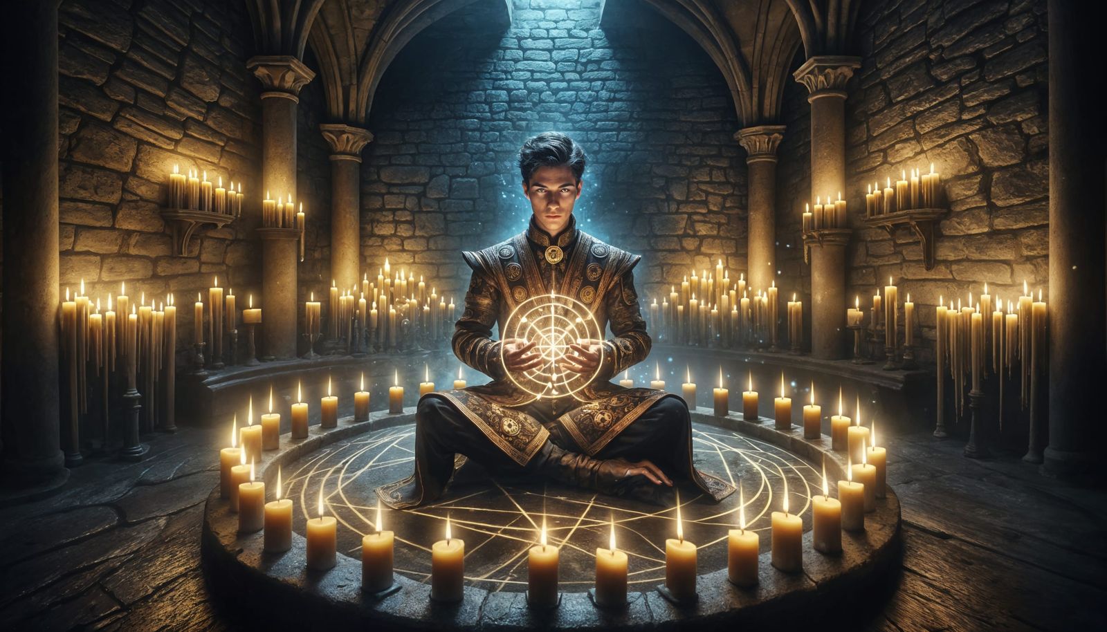 Young Warlock Meditates in Holy Chamber