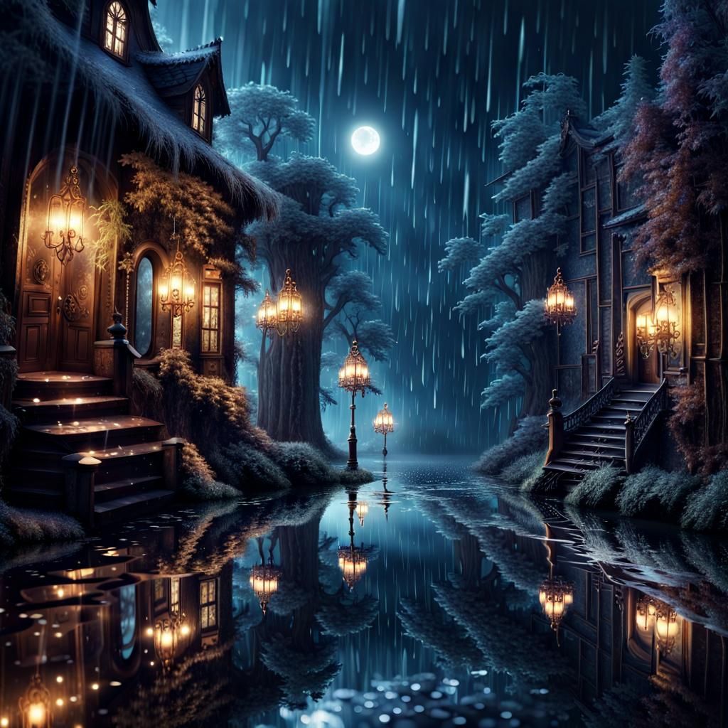 Sparkly Midnight Fantasy World in Rain