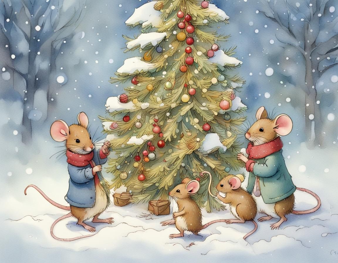 Mice Build Christmas Tree in Snow, Vintage Style