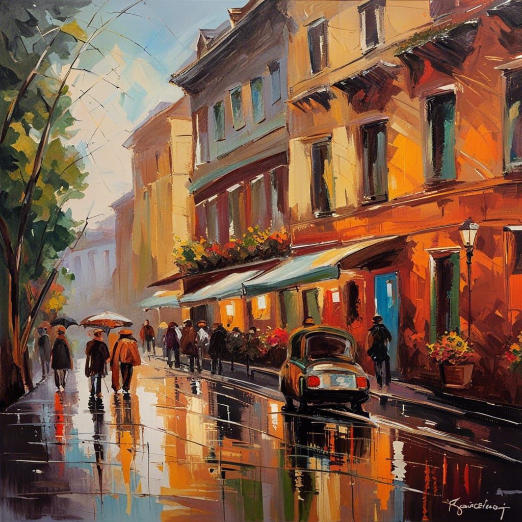 A City Walk in the Rain. - Impressionism