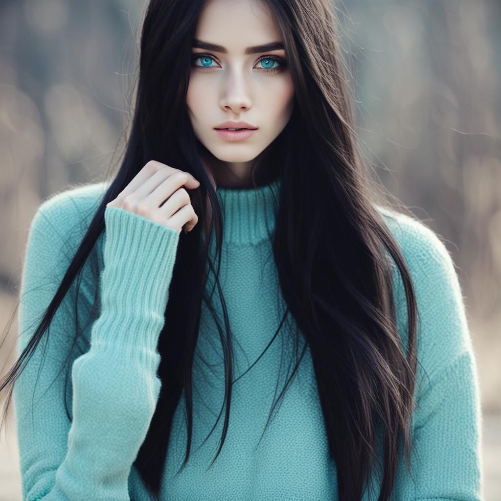 Slender Girl with Black Hair and Turquoise Eyes