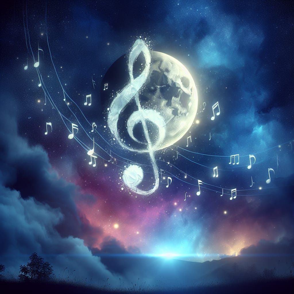 Musical note constellation dancing across the moonlit sky hi...