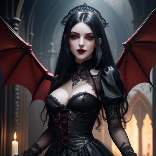 Ethereal Female Vampire with Visible Fangs