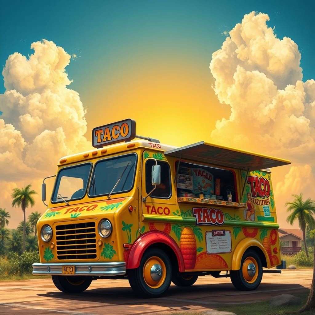 Vibrant Taco Truck Against a Bright Blue Sky