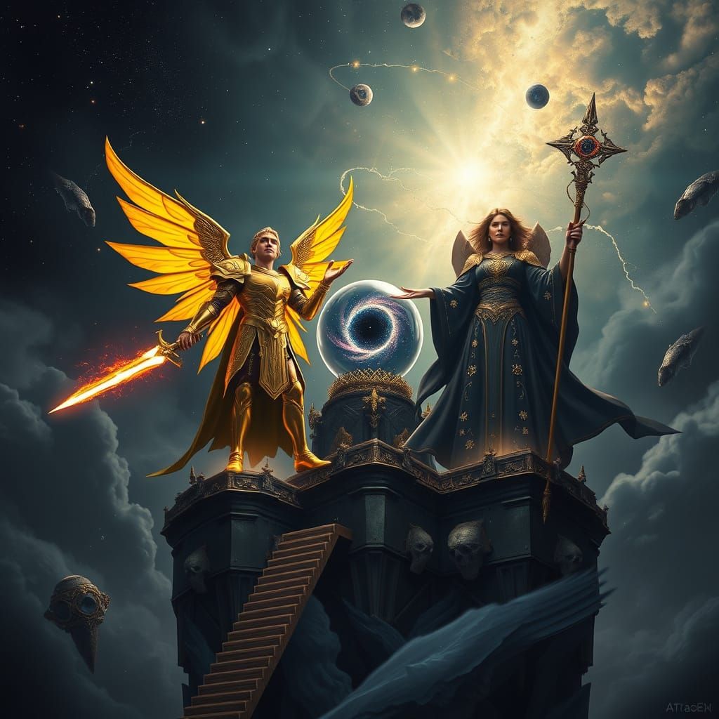 Celestial Guardians in Cosmic Storm, Dramatic Lighting