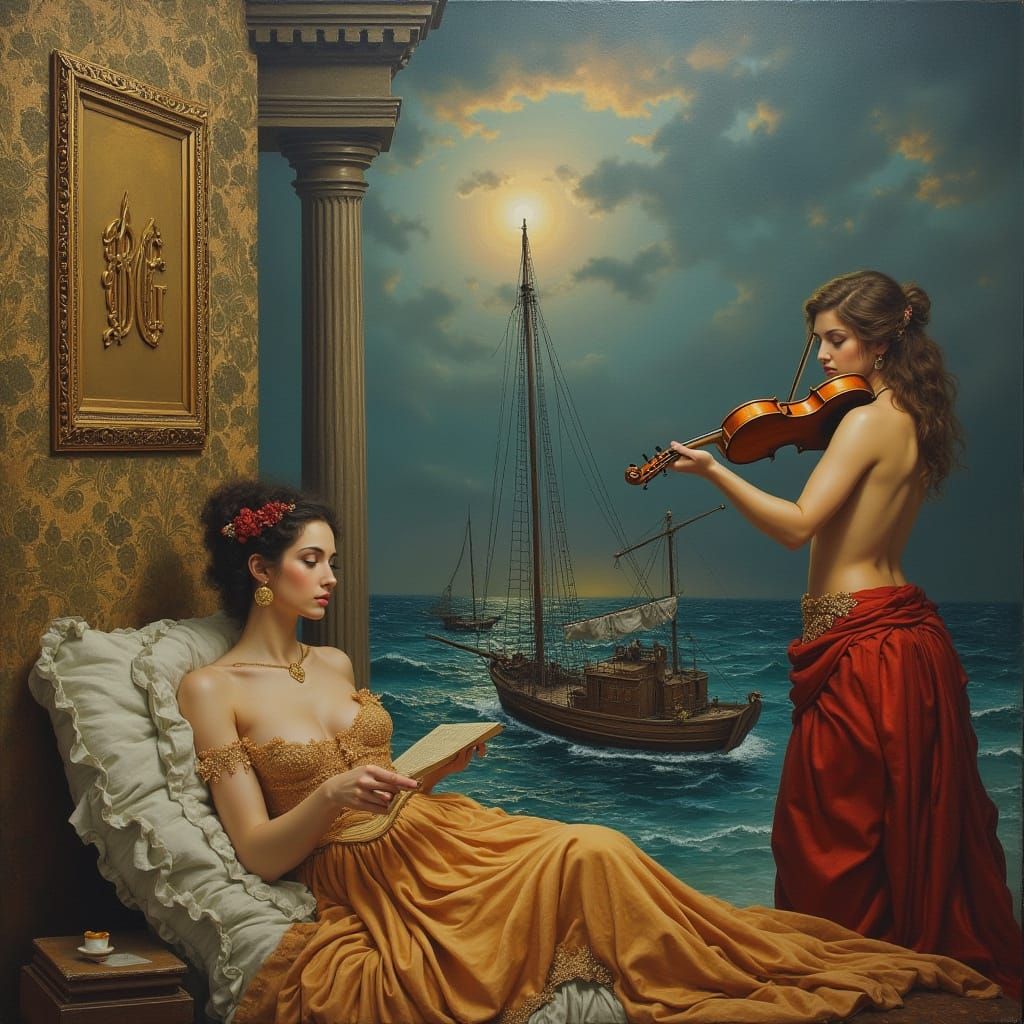 uma pintura estilo Klimt + jean-leon gerome + Rafaello e um ...