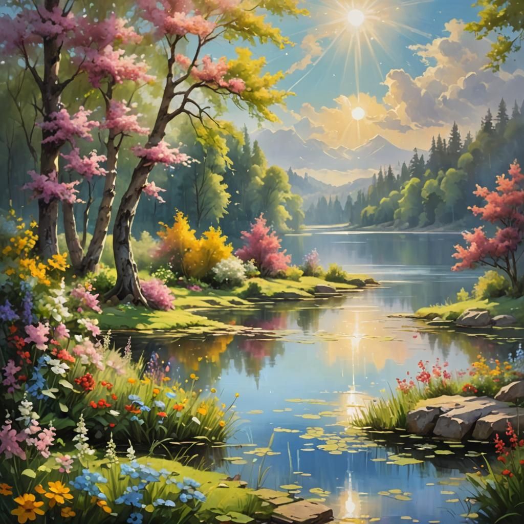 Sun-Kissed Lake Landscape with Flowers and Trees