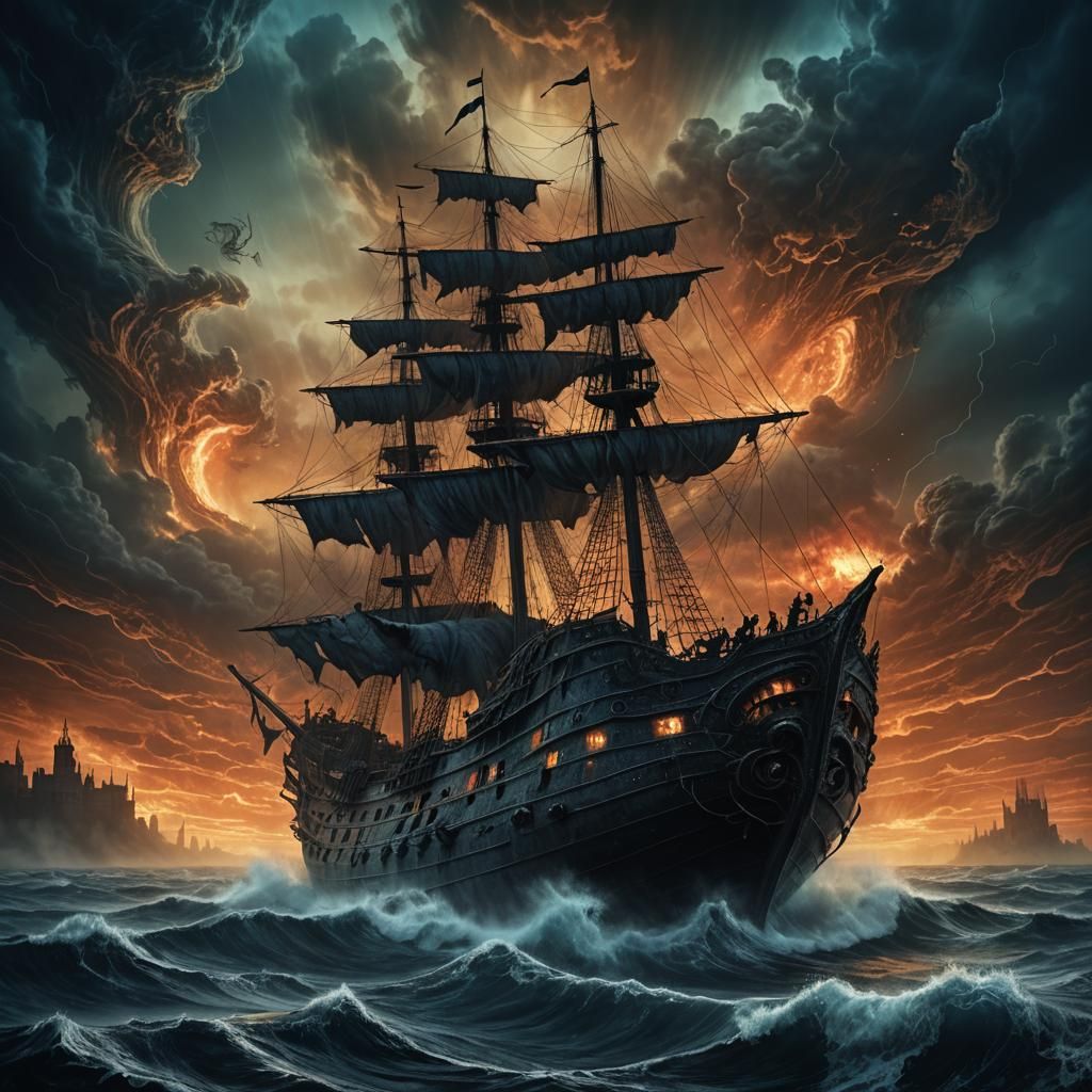 Ghost Ship Amidst Dark Waves, in Dark Fantasy Style