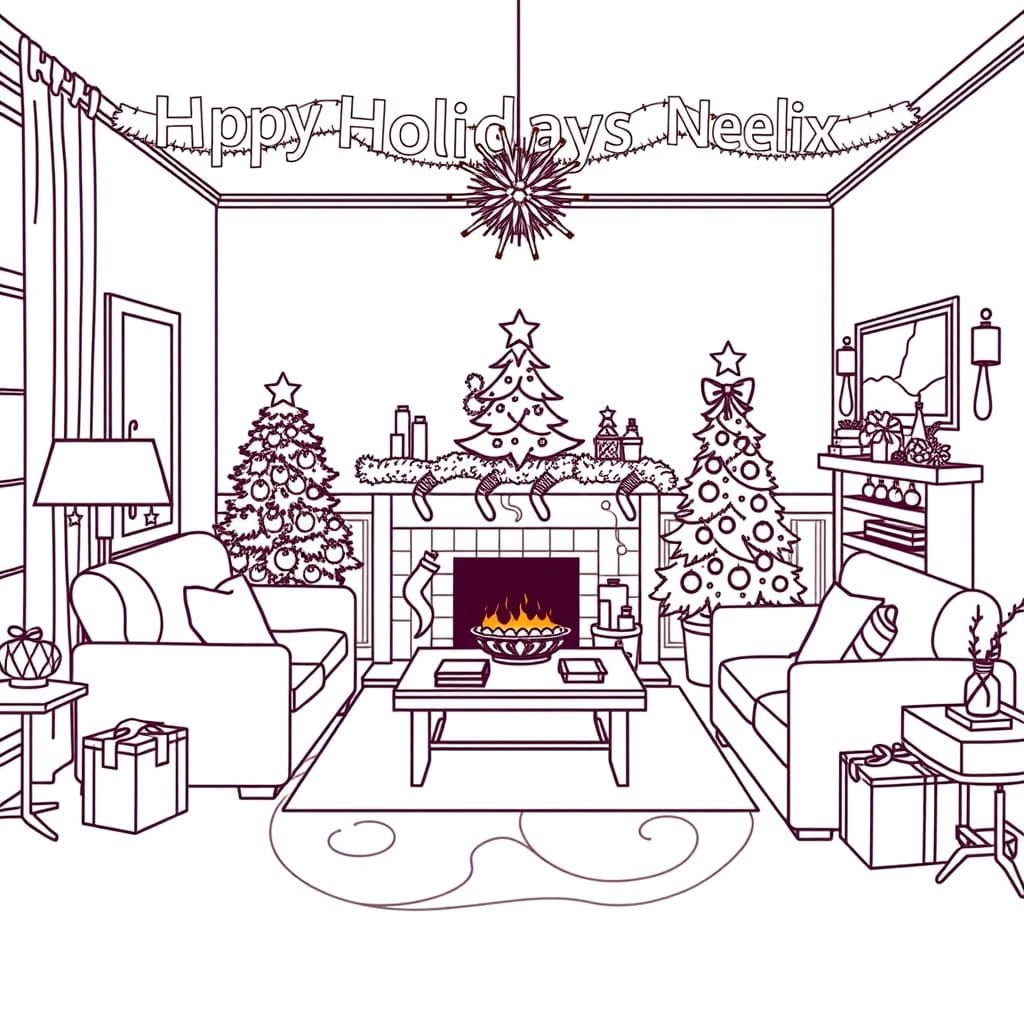 Christmas decorations in a cozy living room, in line art sty...