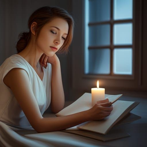 Girl Reading Letter by Candlelight with Wistful Smile