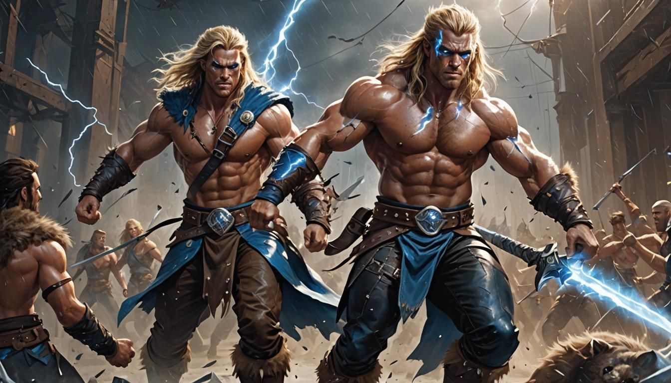 Anime Barbarian with Sword in Electric Storm